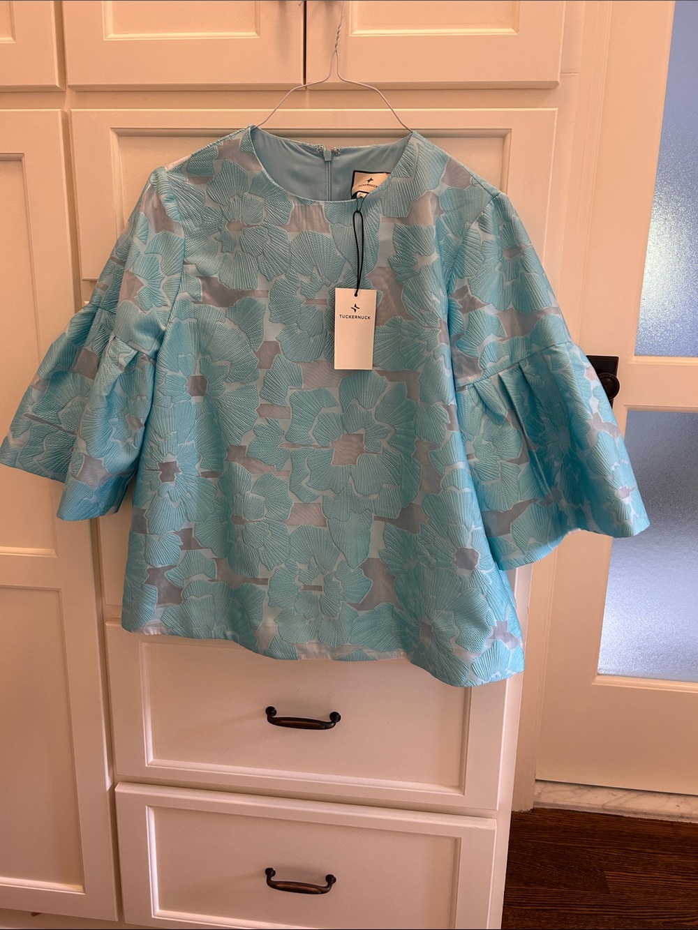 Tuckernuck Aqua Floral Jacquard Bell Sleeve Top NWT
